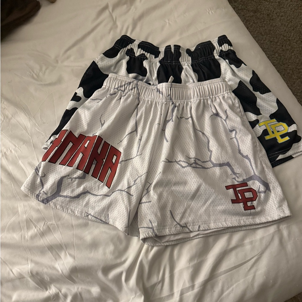 Inaka Power Shorts - White with gray / Cow Print Athletic Shorts
